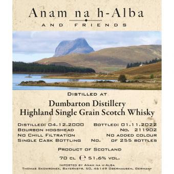 Dumbarton 2000, Highland Single Grain Whisky, 21y, Ex-Bourbon, 0,7l, 51,6% vol. - Anam na hAlba 