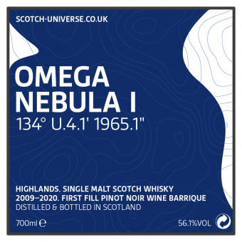 Omega Nebula I, Scotch Universe - Higland Single Malt - 1st Fill Pinot Noir Wine Barrique, 56,1 %, 0,7 Lt. 